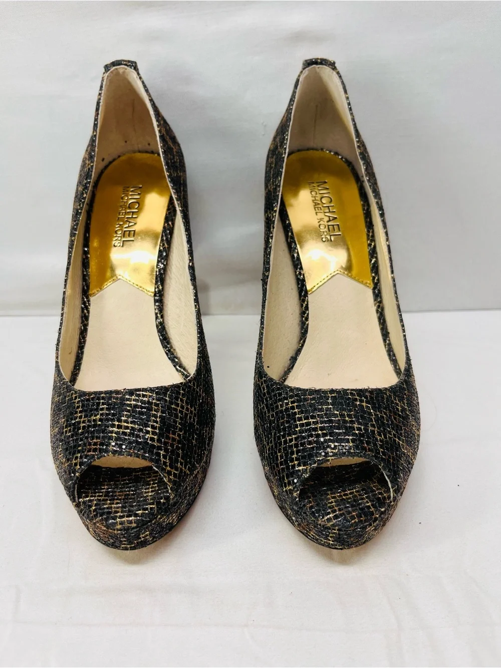 MICHAEL Michael Kors Black and Gold Textured Peep-Toe Heels